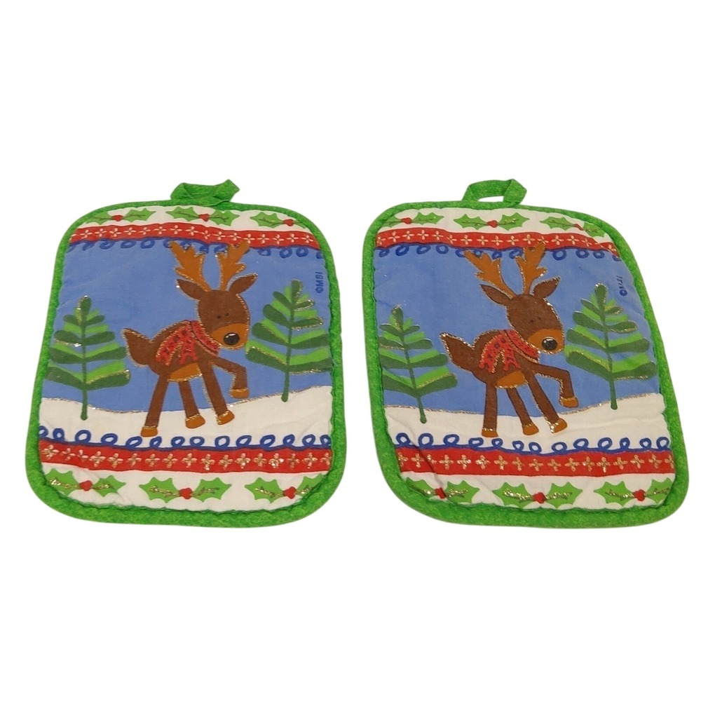100% Cotton Set of 2 Christmas Potholders Reindeer Holly/Trees/Snow/Shimmer